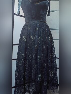 Black Lace Midi Skirt with Gold Sequin Detail By Soieblu